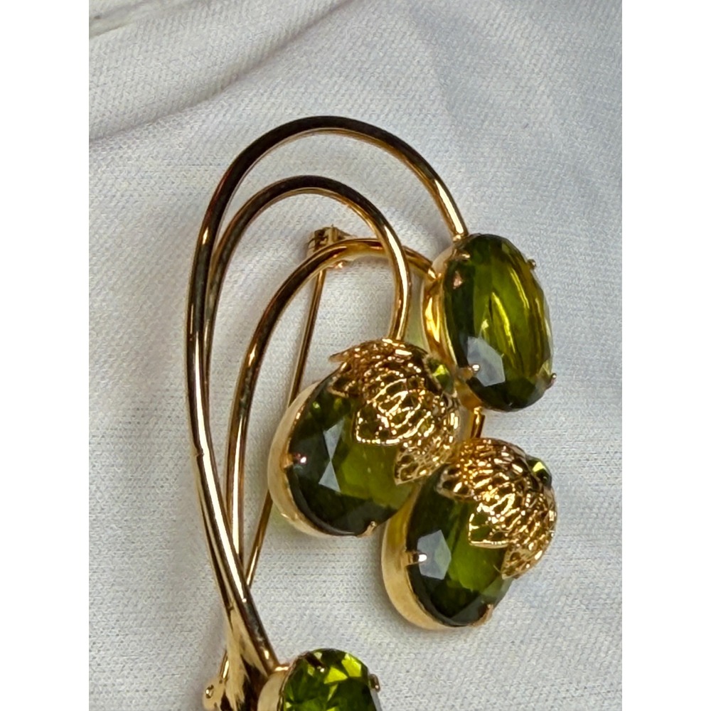 Vintage Sarah Coventry Gold Tone Olive Green Glass Stone Spray Brooch Pin - Picture 5 of 9